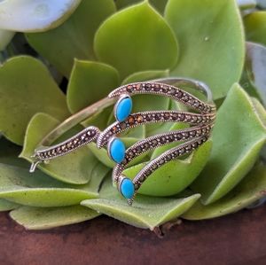 Handmade 925 Sterling Silver Marcasite & Turquoise Cuff Bracelet | 6.5” India
